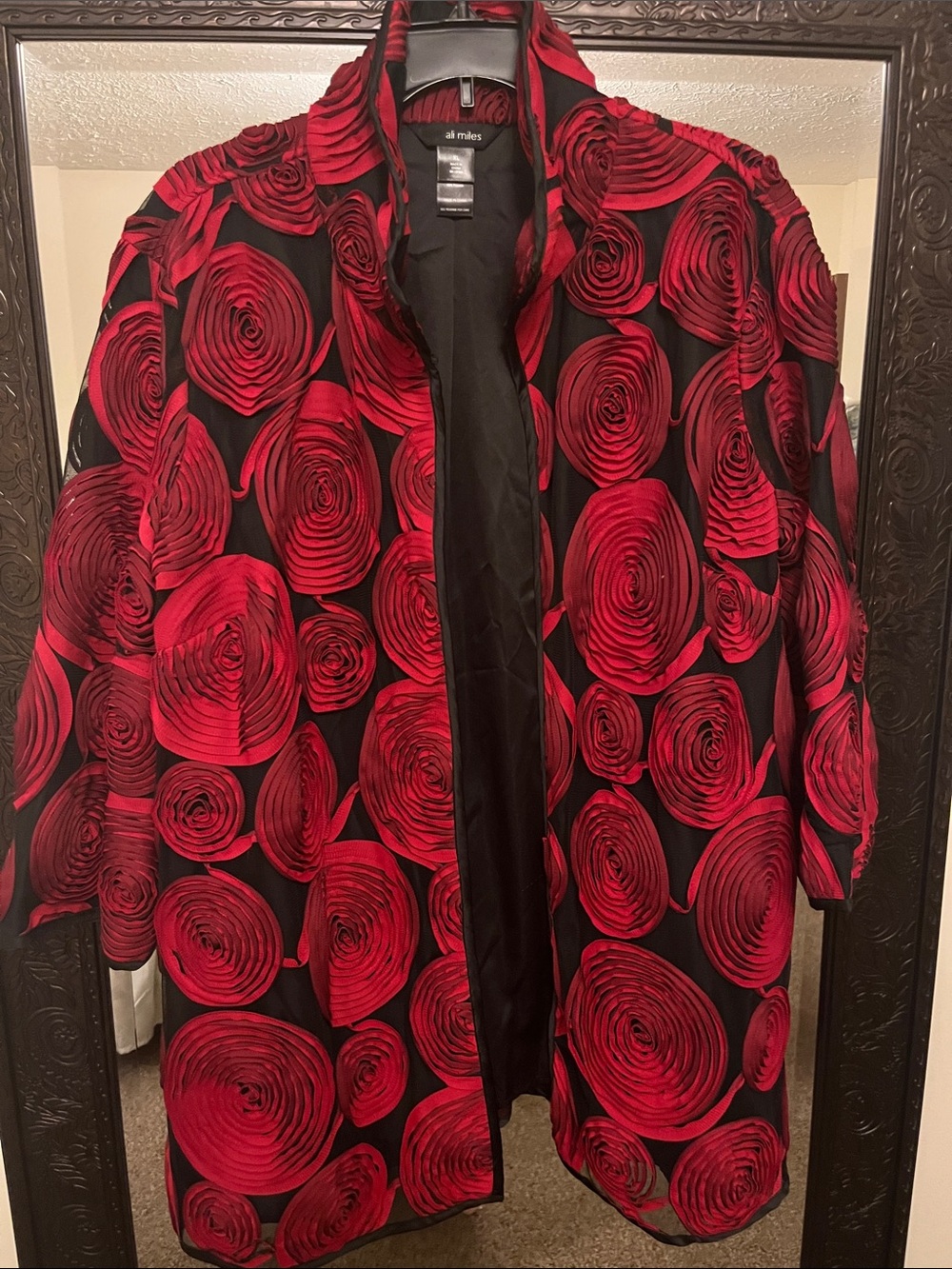 Ali Miles Red & Black Rose-Print Open Front Jacket